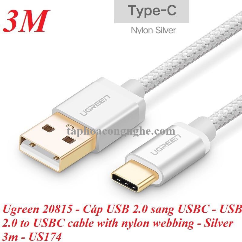 Ugreen 20815 3M màu Trắng Dây USB 2.0 sang Type-C đầu nhôm dây bọc vinyl US174 30020815